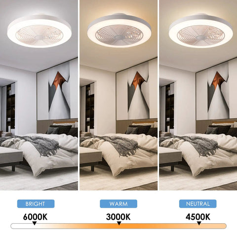 Low Profile Ceiling Fan With Remote Dope Quiet DC Motor 19.7 Inch showing 3 color temperatures, bright, warm, neutral, in bedroom setup
