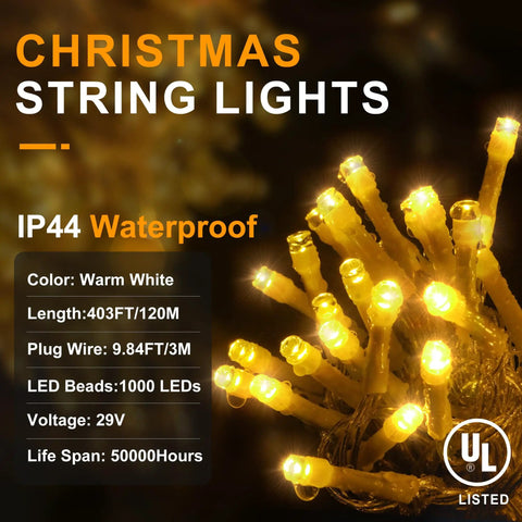 403 Feet Of 1000 LED Christmas String Lights Outdoor With 8 Modes And Timer Plug In Waterproof Fairy Lights For Yard Tree Patio Weddings Parties And Holiday Decor Party Ready Warm White