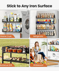 Super Wide Magnetic Fridge Organizer Metal Spice Rack 16.9 Inch mounted on washer dryer, fridge, barbecue grill, and whiteboard.