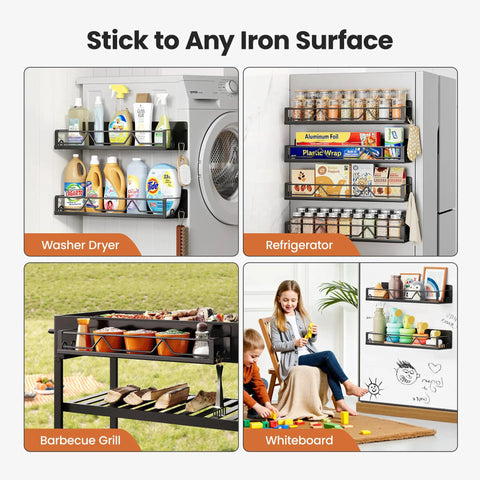 Super Wide Magnetic Fridge Organizer Metal Spice Rack 16.9 Inch mounted on washer dryer, fridge, barbecue grill, and whiteboard.