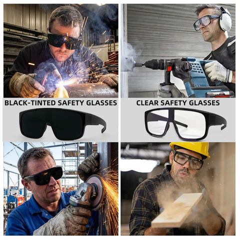 Workers using black-tinted and clear Shade5 Welding Goggles OTG Over Glasses With UV Block Swap Lenses, 1.5 Pack in various tasks