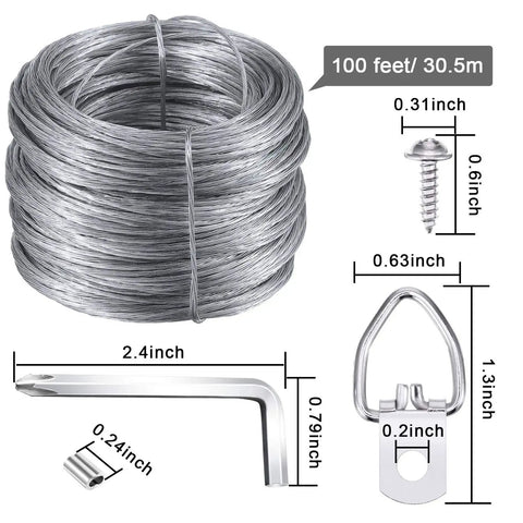 All In One Picture Hanging Kit With D Ring Hangers And Screws, Aluminum Sleeves, 100 Feet Wire, screwdriver shown