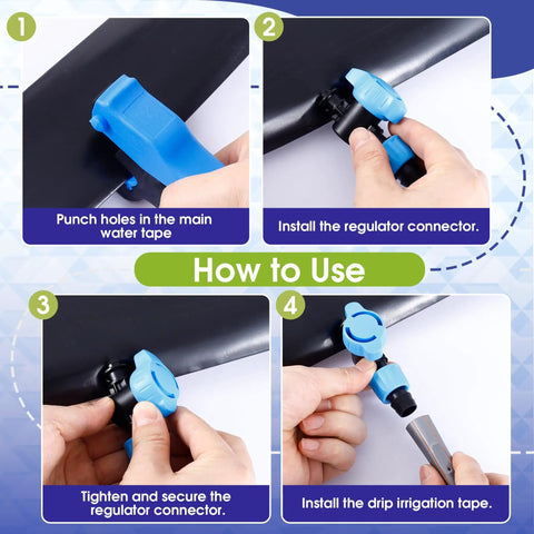 Step-by-step usage of 1640 Ft Five Eighth Inch Drip Tape Kit With Six Inch Emitter Spacing, installation guide shown