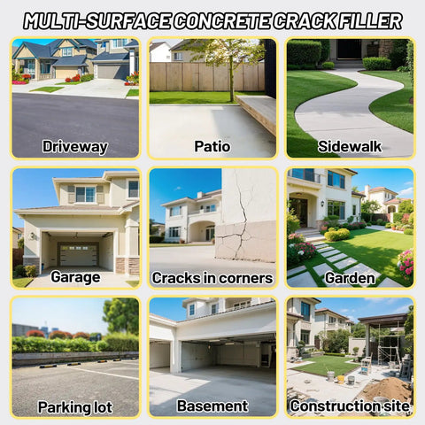 Collage of concrete surfaces including driveway, patio, sidewalk, garage, and garden for self leveling crack filler use.