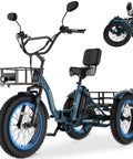 Adult Electric Trike With 20 Inch Fat Tires, 7 Speed Folding Tricycle, 500W Rear Hub Motor, Smooth Power And Stable Handling For Everyday Errands, Comfy Ride, Easy Fold Design For Convenient Storage. Blue folding electric trike with cargo baskets and front suspension