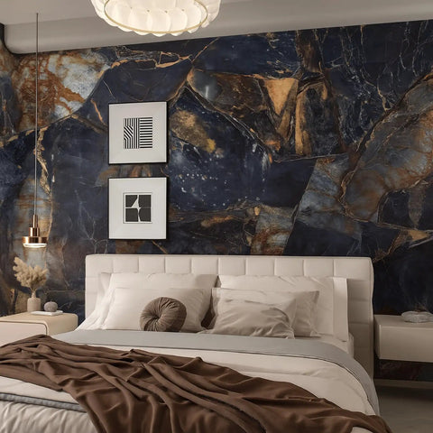 Bedroom with Dark Blue Marble Vinyl Wrap Self Adhesive Wallpaper 24x393 Inches, Dope Glossy Granite Look, Waterproof and Oil Resistant