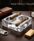 Clear Glass Cigar Ashtray Made From Premium Crystal, Heavyweight For Two Cigars, Modern Square Design displayed on table