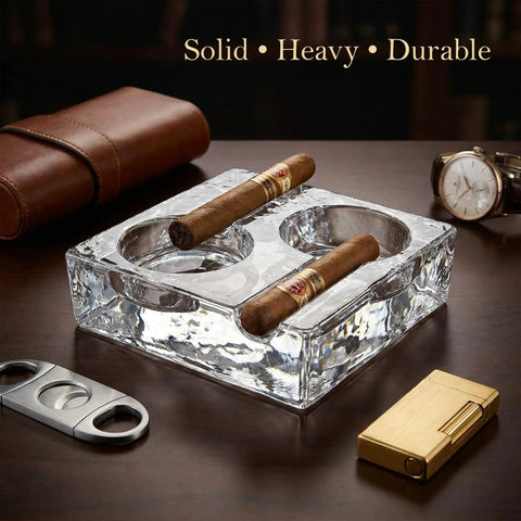 Clear Glass Cigar Ashtray Made From Premium Crystal, Heavyweight For Two Cigars, Modern Square Design displayed on table
