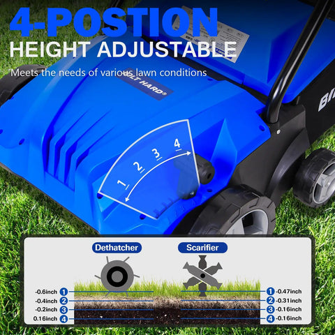 Powerful Dethatcher Scarifier For Lawns With 12 Amp Copper Motor 1500W Up To 3300 RPM, close-up of height adjustment feature