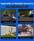 5 Ton Capacity Come Along Winch Portable Power Puller Beast With 11 Feet 6 Inches Steel Cable Dual Gear Heavy Duty Hand Winch Tool Three Hooks For Vehicle Recovery Trailers Fences Logs And More, shown for vehicles, logs, fences, and materials