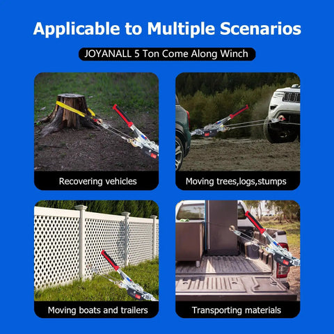5 Ton Capacity Come Along Winch Portable Power Puller Beast With 11 Feet 6 Inches Steel Cable Dual Gear Heavy Duty Hand Winch Tool Three Hooks For Vehicle Recovery Trailers Fences Logs And More, shown for vehicles, logs, fences, and materials