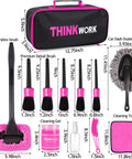 Pink Car Interior Detailing Kit with 17 piece pro grade brush set, storage bag, cleaning towels, and gel, shown with measurements.