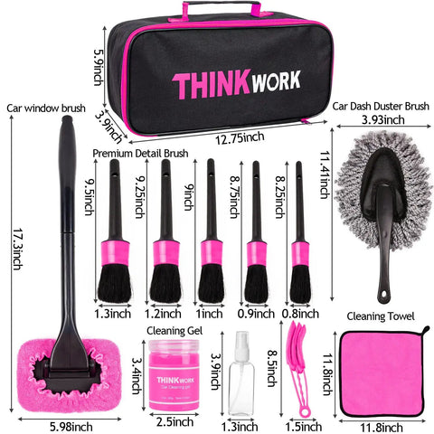 Pink Car Interior Detailing Kit with 17 piece pro grade brush set, storage bag, cleaning towels, and gel, shown with measurements.