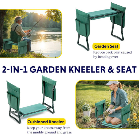 Garden Kneeler And Seat Foldable Bench With Soft EVA Foam Pad For Comfort All In One Outdoor Stool For Gardening Fishing And Camping Two Tool Pouches Included Green in use