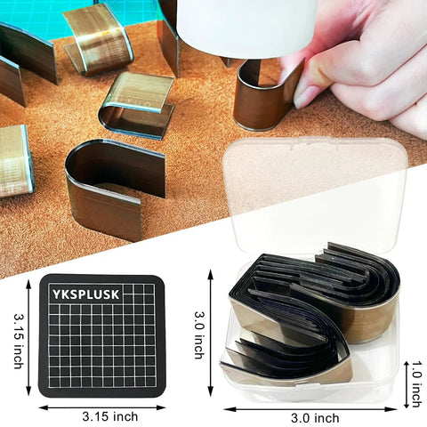 Leather Corner Punch Set With 18 Pieces In 6 Sizes And 3 Shapes, Pro Grade High Carbon Steel Corner Cutters displayed on leather.