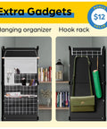 Hanging organizer and hook rack with shelves, books, and accessories on display at home.