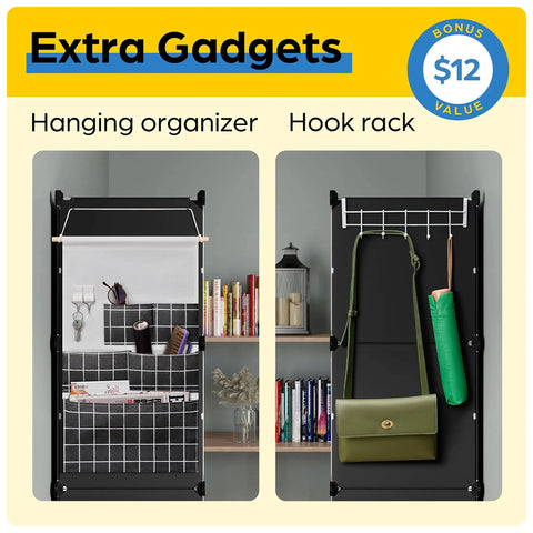 Hanging organizer and hook rack with shelves, books, and accessories on display at home.