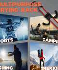 Multipurpose Portable Hanging Rack For Hockey Gear And Sports Gear Hanger With Six Adjustable Hooks Durable Vertical Drying Rack For Glove Helmet Cleats And Other Gear At Home Travel Or Outdoor Use shown in sports, camping, fishing, trekking settings.
