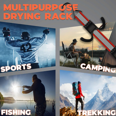 Multipurpose Portable Hanging Rack For Hockey Gear And Sports Gear Hanger With Six Adjustable Hooks Durable Vertical Drying Rack For Glove Helmet Cleats And Other Gear At Home Travel Or Outdoor Use shown in sports, camping, fishing, trekking settings.