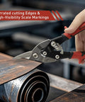 Hand using Aviation Tin Snips 10 Inch Heavy Duty Straight Cut Metal Cutter With Double Lever CRMO Steel Blades on metal sheet