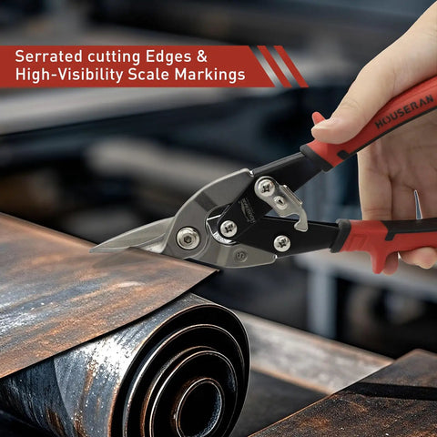Hand using Aviation Tin Snips 10 Inch Heavy Duty Straight Cut Metal Cutter With Double Lever CRMO Steel Blades on metal sheet