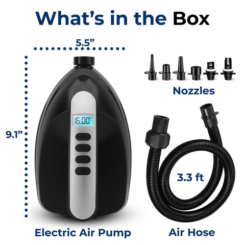 Electric Inflatable Paddle Board Pump With 20 PSI High Pressure Auto Shut Off 12V Car Connector, 3.3 ft hose, nozzles