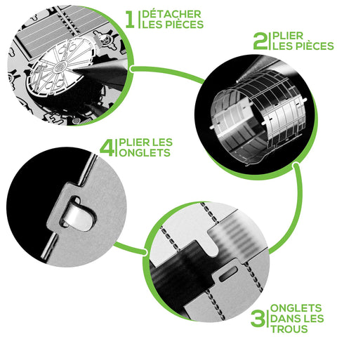 Hubble Space Telescope 3D Metal Model Kit For Teens And Adults No Glue No Solder Clip And Bend Build With Tweezers Easy Hobby Space Science Gift Hands On Fun For Makers And STEM Lovers, close-up of metal assembly steps