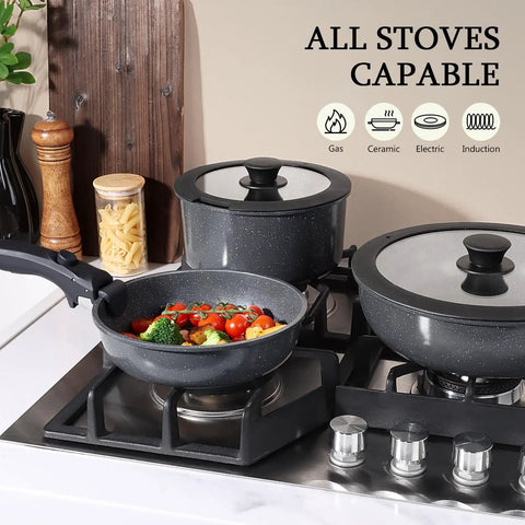 Ceramic Pots And Pans Set With Detachable Handle For Easy Cleanup Nonstick Cookware That Is PFAS Free PFOA Free PTFE Free on stove