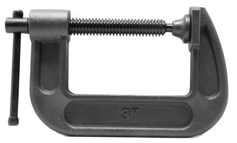 Heavy-Duty Cast Iron C-Clamps, 3-Inch Jaw Opening, 2-Inch Throat, close-up of clamp with smooth black oxidized finish