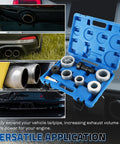 Exhaust pipe expander tool set in blue case with 28mm steel bushings and adapters for tailpipe widening