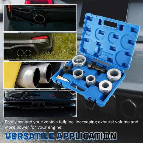 Exhaust pipe expander tool set in blue case with 28mm steel bushings and adapters for tailpipe widening