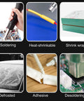 Various uses of High Performance Hot Air Rework Station With Adjustable Airflow And Digital Soldering 100-480 C, including soldering, desoldering.