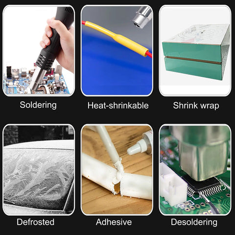 Various uses of High Performance Hot Air Rework Station With Adjustable Airflow And Digital Soldering 100-480 C, including soldering, desoldering.