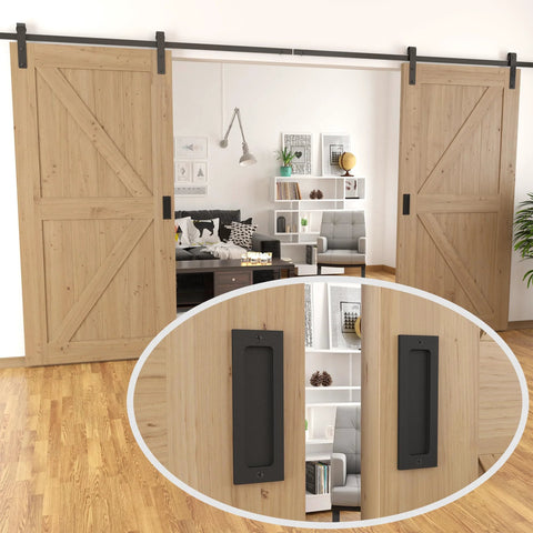 6 Inch Finger Flush Pulls For Closet Pocket Doors And Sliding Barn Doors Set In Matte Black installed on wooden sliding doors
