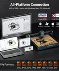 12W Laser Engraver With 300x300mm Work Area displaying a bird design on wood, connected to multiple devices via USB and WiFi.