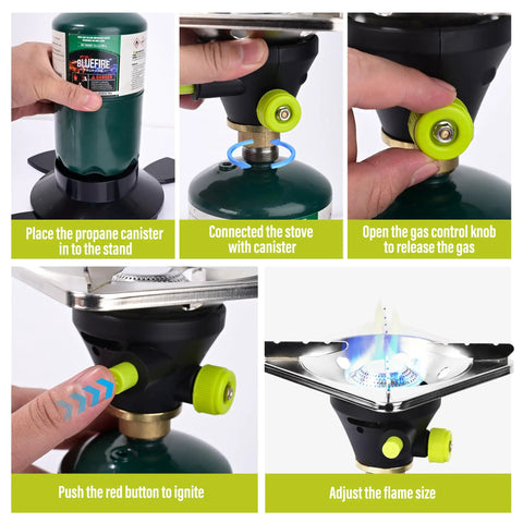 Steps to use Ultra Portable Propane Camping Stove With Quick Ignition, Lightweight Durable Base For Hiking And Backpacking, Works With Propane Or MAPP Gas Cylinders, One Click Start For Fast Hassle Free Outdoor Cooking On The Go