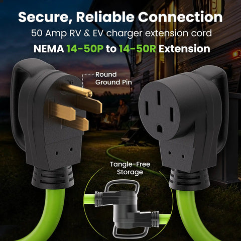 Hella Durable 15 Ft 50 Amp Extension Cord Tough As Nails Waterproof RV Charger Cable With NEMA 14 50 Plugs for secure connection.