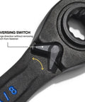 Four In One Reversible Ratcheting Box Wrench Set Two Piece Sae Hex Forged Steel Ninety Tooth Socket Wrenches close-up of reversing switch feature.