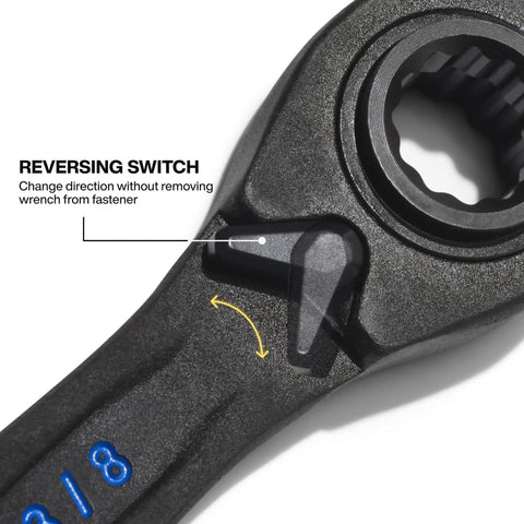 Four In One Reversible Ratcheting Box Wrench Set Two Piece Sae Hex Forged Steel Ninety Tooth Socket Wrenches close-up of reversing switch feature.