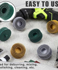 Six Pack 2 Inch Bristle Discs Set With Grit 50 80 120 for Grinding Polishing and Coating Removal on Metal shown with drill