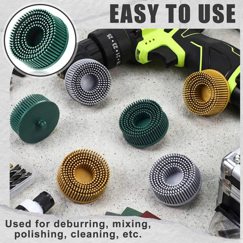 Six Pack 2 Inch Bristle Discs Set With Grit 50 80 120 for Grinding Polishing and Coating Removal on Metal shown with drill
