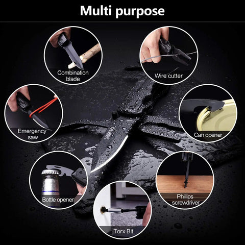Everyday Carry Multitool For Men With Folding Knife And Pliers showcasing various tools under wet conditions.