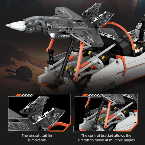 F-35 Fighter Jet Building Set With Realistic Cockpit And Mechanical Linkage, showing movable tail and control bracket