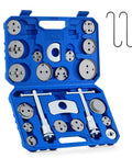 24 Piece Brake Caliper Compression Tool Set For Universal Disc Brakes With Piston Wind Back Kit And Blue Case DIY Friendly Heavy Duty Caliper Piston Compressor Tool Kit For Brake Pad Replacement By Orion Motor Tech in open blue case