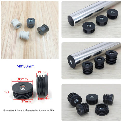Six Pack 1.5 Inch Threaded Tube Plugs for Furniture Legs With M8 Screw Holes Black Plastic Round Nut Plugs in multiple angles