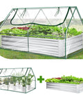Galvanized Raised Garden Bed With Cover And Mini Greenhouse Kit Extra Thick Metal Planter Box Roll Up Screen Windows 6x3x3 ft