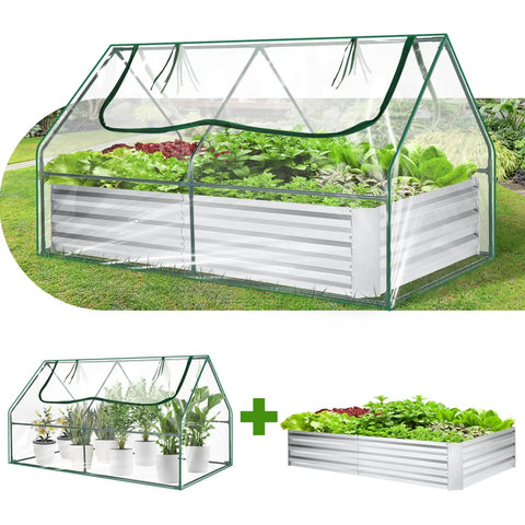 Galvanized Raised Garden Bed With Cover And Mini Greenhouse Kit Extra Thick Metal Planter Box Roll Up Screen Windows 6x3x3 ft