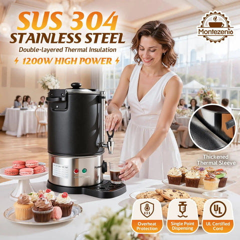 Boss Level 50 Cup Coffee Urn With Temperature Control And 1200W Power For Office Party Catering, shown with cupcakes on a table