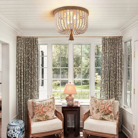 Beaded Flush Mount Ceiling Light With White Wood Beads, Boho Bohemian Farmhouse Style 4 Light Fixture in a cozy living room.