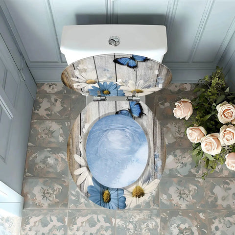 Toilet Seat Wooden Resin for Bathroom with floral design and butterfly accents, fitting standard toilet sizes.